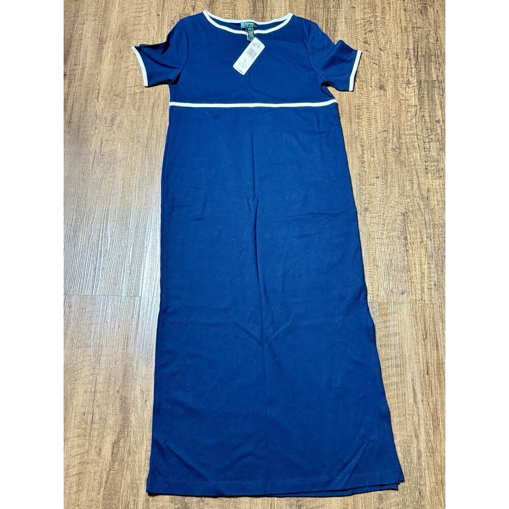Lauren Ralph Lauren Blue Babydoll Maxi Dress Short Sleeve Cotton Petite Lrg NWT